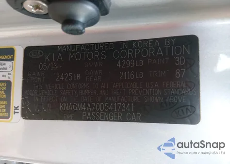 2013 Kia Optima Lx z USA, uszkodzony, nr VIN KNAGM4A70D5417341